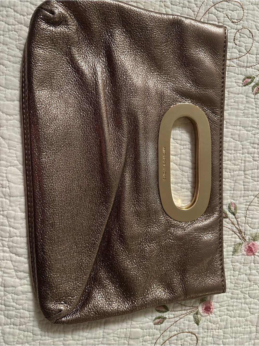 Michael Kors Metallic Brown Leather Wristlet Clutch with Gold Oval Handle